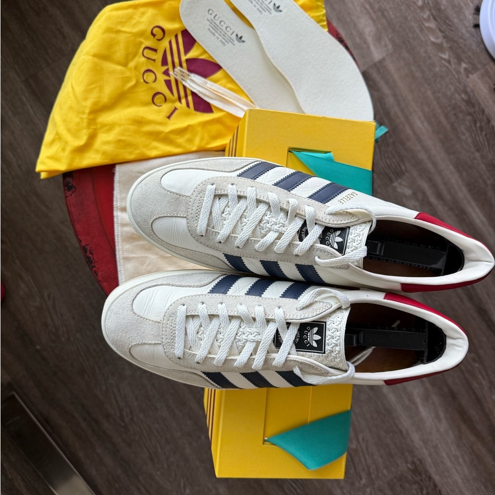Gucci x Adidas White and Navy Gazelle Sneakers